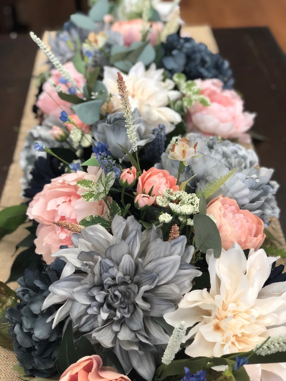 Hydrangeas Spring Summer garland Floral runner Gray blue coral garland Lush floral garland Silk floral decor Floral swag Hydrangeas Spring Summer garland Floral runner Gray blue coral garland Lush floral garland Silk floral decor Floral swag