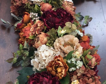 Guirlande florale toscane de 5 pi ou 6 pi, pivoines en soie, hortensias, coureur imitation floral, couleurs d'automne