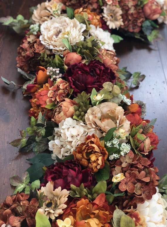 5' or 6' Tuscan Floral garland, Silk Peonies Hydrangeas, Faux floral runner, Autumn Colors