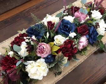 Guirlande bleu marine ivoire blush bordeaux de 3 pi ou 4 pi, tapis de passage floral imitation luxe, pièce maîtresse bordeaux, guirlande de mariage, guirlande de faux fleurs