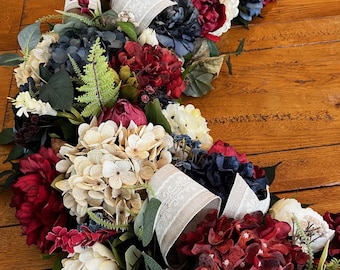 Guirlande florale patriotique vintage, fausses fleurs rouge crème bleu, décor de chemin de table, 5 à 7 pieds