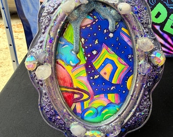 Resin Oval Art Frame | Psychedelic Cosmic Print, Upcycled Wood Decor, Crystal Embellished