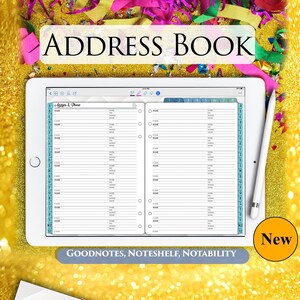 May include: A digital planner template for Goodnotes, Noteshelf, and Notability apps. The template is designed for an address book and includes tabs for additional information. The template features a blue and white color scheme with a gold monogram.
