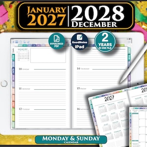May include: A digital planner displayed on a tablet screen with a stylus, featuring a weekly layout for January 2027 through December 2028. The interface includes hyperlinked tabs, a monthly calendar view, and text labels for days of the week.