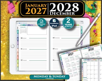 Digital PDF Weekly Planner 2027 to 2028 | Horizontal view | Two Year Planner