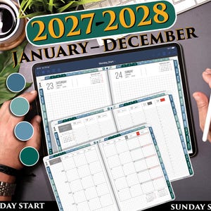May include: A digital planner for the years 2027-2028, with a blue and green color scheme. The planner has a tab for each month, and the days of the week are labeled. The planner is open to the month of January, and the text "MONDAY START" is visible at the bottom left of the image. The text "SUNDAY START" is visible at the bottom right of the image.