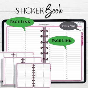May include: A digital planner app on a tablet with a pink and white design. The app has a page link, index page, and numbered tabs. The tablet is on a white wooden surface with a stylus pen.