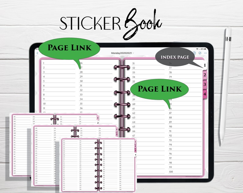 May include: A digital planner app on a tablet with a pink and white design. The app has a page link, index page, and numbered tabs. The tablet is on a white wooden surface with a stylus pen.