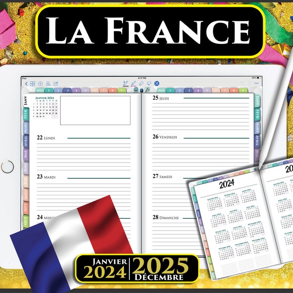 Agenda Hebdomadaire Numérique Français | Planificateur digital France pour Goodnotes et Notability 2024 2025