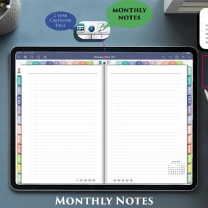 May include: A digital planner app on a tablet with a monthly notes section, a 2 year calendar page, and a monthly calendar page. The app has a colorful design with tabs for each month.