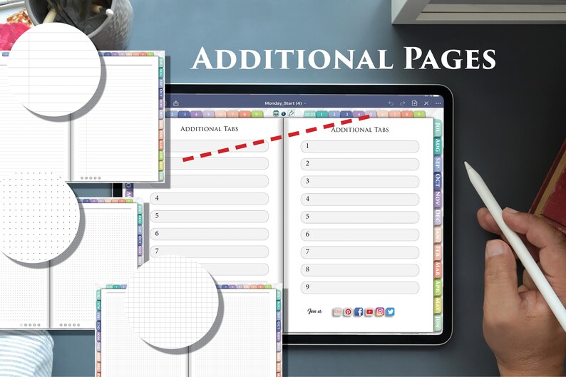 May include: A digital planner app on a tablet screen with a hand holding a stylus. The app has a calendar, notes, and additional tabs for organization. The text on the screen reads "ADDITIONAL PAGES" and "ADDITIONAL TABS".