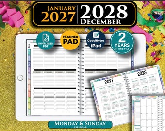 May include: A digital planner displayed on a tablet screen, featuring a two-year layout from January 2027 to December 2028. The interface includes hyperlinked tabs, a daily schedule, and a monthly calendar view. Text labels include Planner Pad, GoodNotes, iPad, and 2 Years in One File.