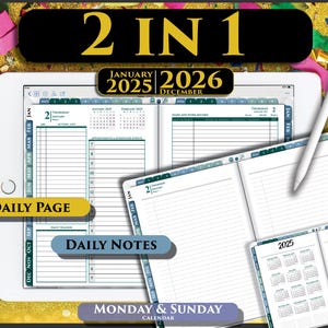 Digital Daily iPad Planner with additional Day Notes Page | Day on 2 pages PDF plan for 2025 -2026