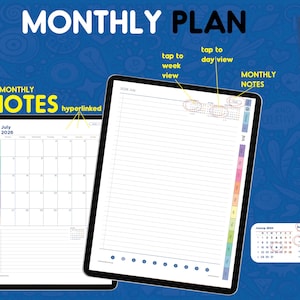 May include: A digital monthly planner displayed on two tablet screens with a white stylus. The interface features a July 2026 calendar, lined note pages, and navigation text including MONTHLY PLAN, tap to week view, tap to day view, and MONTHLY NOTES.