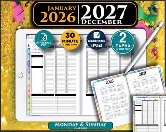 2026 2027 Digital Weekly Hourly Planner | interactive PDF | GoodNotes & Notability