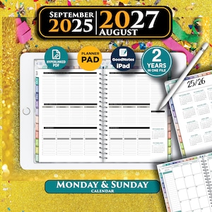 Peut inclure: Agenda numérique pour 2025-2027, affiché sur une tablette avec un stylet. L'agenda comprend des sections pour les calendriers lundi et dimanche, avec des options pour PDF hyperliés et compatibilité iPad GoodNotes. Le design est blanc et noir.