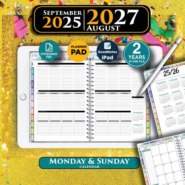 Planificador semanal digital para GoodNotes y Notability 2025-2026 / Inicio en septiembre / Descargar PDF