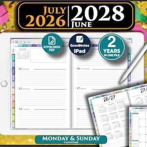 May include: A digital planner displayed on a tablet with a stylus, featuring a weekly layout for June 2026 through July 2028. The screen shows hyperlinked PDF tabs, GoodNotes compatibility, and a two-year calendar view with Monday and Sunday start options.