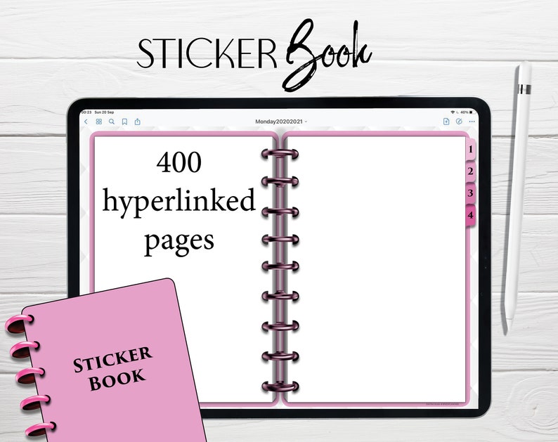May include: A pink digital planner with a white cover and a black spiral binding. The planner has a pink tab with the number 4 on it. The text "400 hyperlinked pages" is displayed on the left page. The text "STICKER BOOK" is displayed on the cover of the planner.