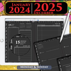 Black Digital Planner for 2024 2025 calendar planning