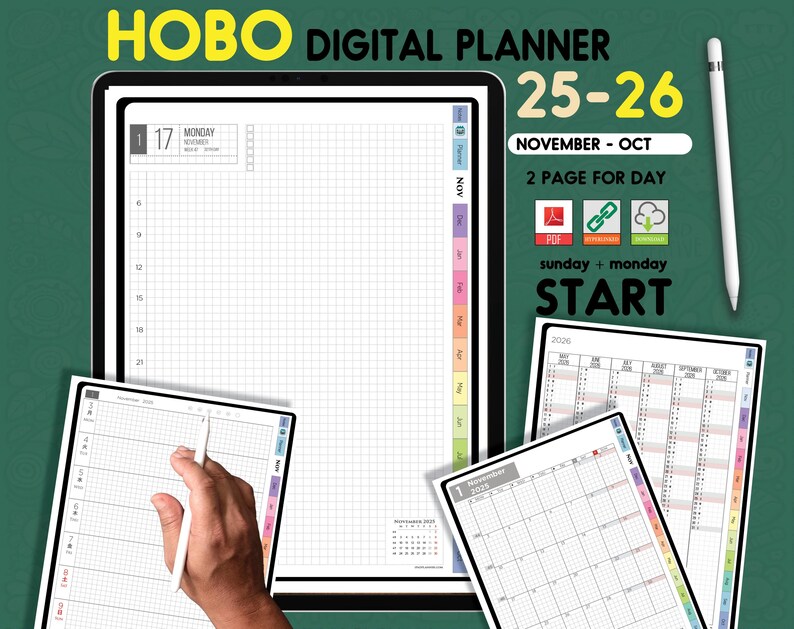 Digital Hobonachi Planner 2025–2026 for iPad | Vertical Grid Daily ...
