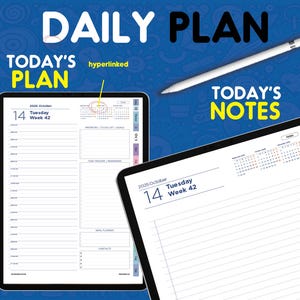 May include: A digital daily planner displayed on two tablet screens with a white stylus. The planner interface shows the date Tuesday, October 14, 2025, Week 42, with sections for priorities, task tracker, meal planner, and contacts, plus a calendar.