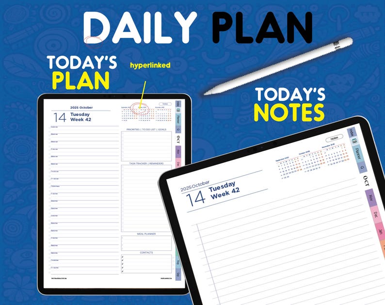 May include: A digital daily planner displayed on two tablet screens with a white stylus. The planner interface shows the date Tuesday, October 14, 2025, Week 42, with sections for priorities, task tracker, meal planner, and contacts, plus a calendar.