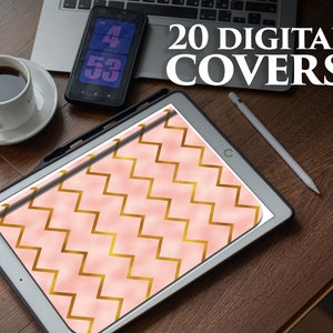 Puede incluir: Una tableta digital que muestra un patr&oacute;n geom&eacute;trico rosa y dorado. El texto "20 DIGITAL COVERS" es visible sobre la tableta.