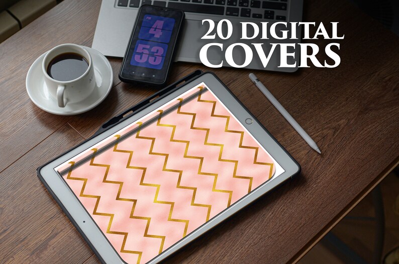 Puede incluir: Una tableta digital que muestra un patr&oacute;n geom&eacute;trico rosa y dorado. El texto "20 DIGITAL COVERS" es visible sobre la tableta.