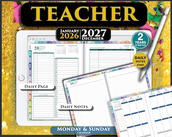2026-2027 Digital Teacher Planner – Daily Notes, Weekly Layouts (PDF)
