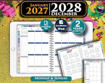 May include: A digital planner displayed on a tablet screen, featuring a two-year calendar from January 2027 to December 2028. The interface includes hyperlinked PDF tabs, a weekly layout with Sunday and Monday headers, and a 2-year file indicator.