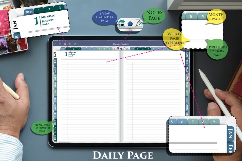 2024 Interactive iPad Planner with Daily Notes Pages Day on 2 pages PDF plan for 2024-2025 image 6