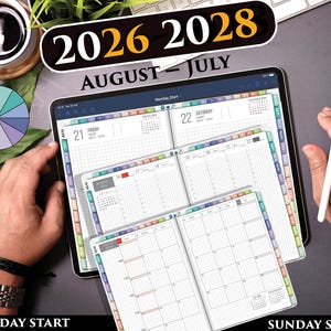 May include: A digital planner displayed on a tablet screen, featuring multiple layout views for August through July, with the text 2026-2028 visible. The planner includes both Monday start and Sunday start options, organised with colourful tabs and grid-based daily and monthly calendar pages.
