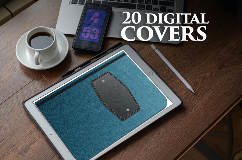 Puede incluir: Una tableta mostrando una cubierta digital azul con un parche de cuero negro. El texto "20 DIGITAL COVERS" es visible sobre la tableta.