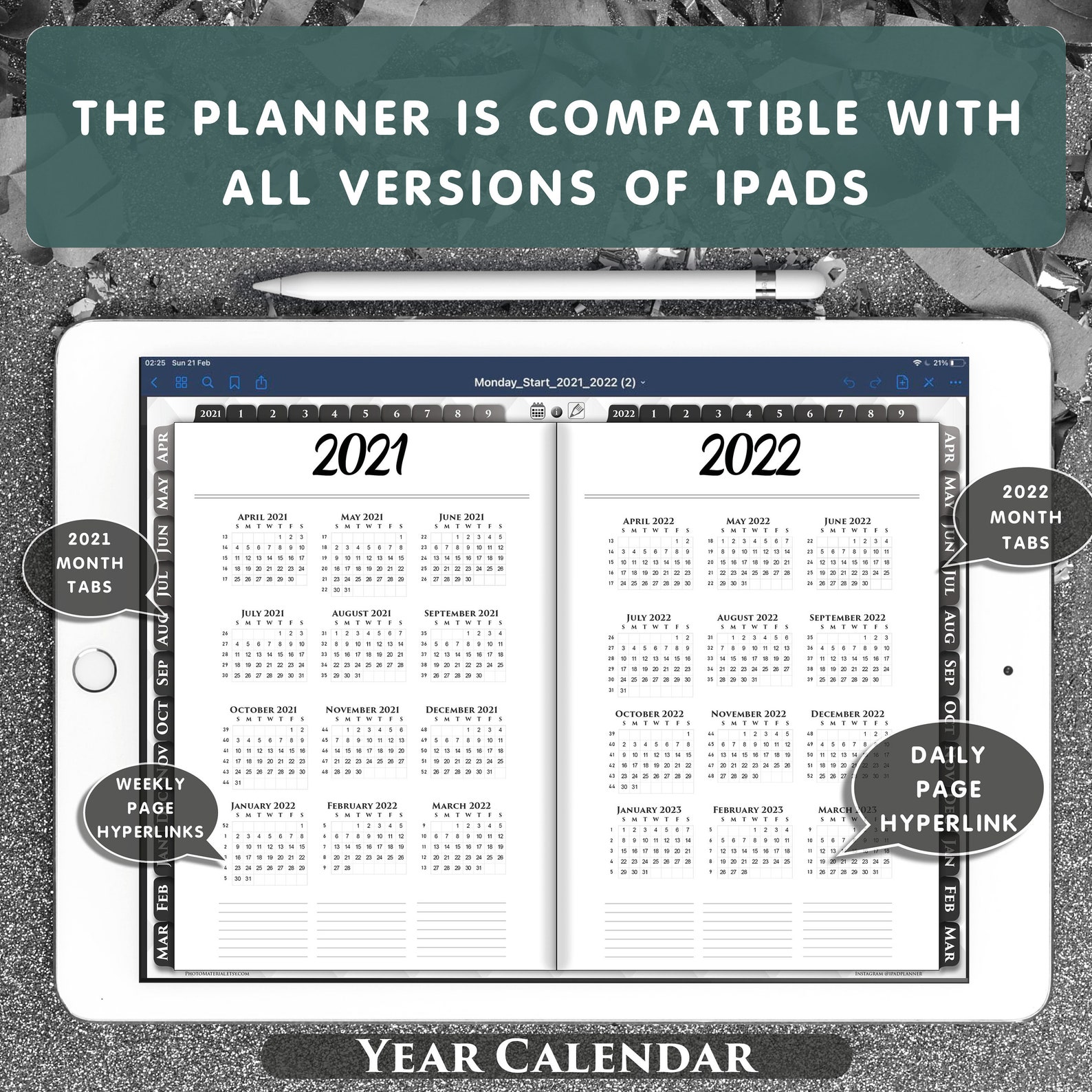 Gray Digital Daily Planner. Dark Mode planning 2021 2022 Etsy