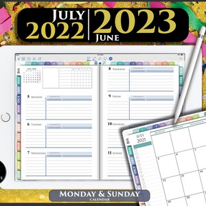 May include: A digital planner app on a tablet screen with a calendar view for July 2021. The calendar is a Monday and Sunday start calendar. The app has a side bar with tabs for each month of the year. The tablet is on a gold glitter background.