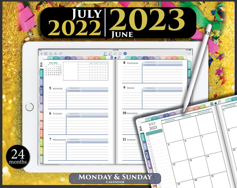 May include: A digital planner app on a tablet screen with a calendar view for July 2021. The calendar is a Monday and Sunday start calendar. The app has a side bar with tabs for each month of the year. The tablet is on a gold glitter background.
