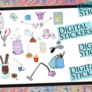Pode incluir: Um ecrã de tablet digital que mostra uma coleção de autocolantes digitais desenhados à mão. Os autocolantes incluem uma caixa de leite, uma carta, um telefone, um despertador, uma máquina de lavar roupa, uma taça de martini, uma tigela de cereais, uma pilha de cocó, um copo de leite, uma espátula, um saco de compras, um hambúrguer, batatas fritas, um aspirador de pó e uma chávena de chocolate quente. O texto "DIGITAL STICKERS" aparece quatro vezes no ecrã.