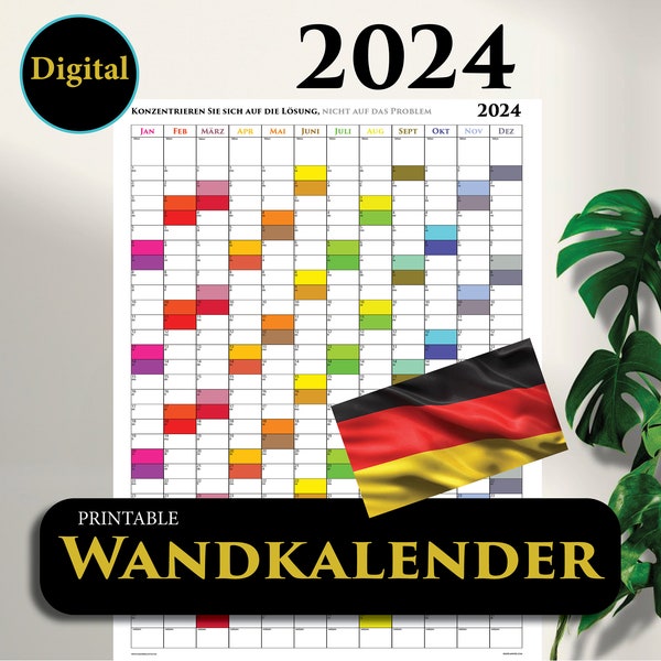 Deutsch Kalender 2024: Großer druckbarer, Regenbogenjahr auf einen Blick, riesiger Jahresplaner, sofortiger Download