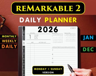 Digitaler reMarkable 2 Planer 2026 | Notebook Kalender Vorlage | PDF-Datei