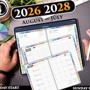 Może przedstawiać: Cyfrowy planer wyświetlony na ekranie tabletu, prezentujący różne układy stron od sierpnia do lipca z widocznym tekstem 2026-2028. Planer zawiera opcje rozpoczęcia tygodnia w poniedziałek lub niedzielę, z kolorowymi zakładkami oraz stronami kalendarza w kratkę.