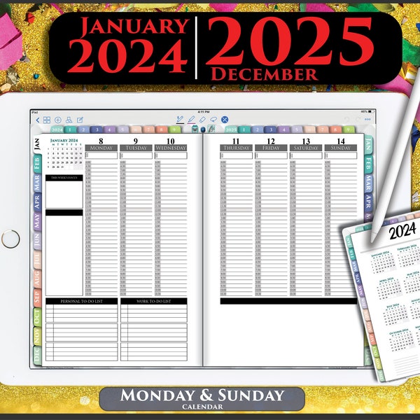 2024 2025 GoodNotes Planner Digital Horario semanal Tablet Ipad interactivo Kit de notabilidad mensual productos