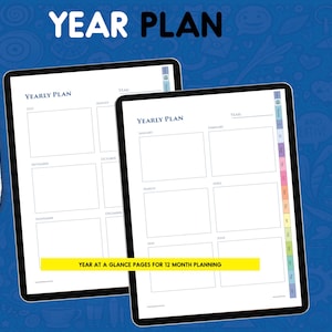 May include: Two digital tablets displaying a yearly plan template with white backgrounds and black text. The screens show monthly boxes for planning. A white stylus is positioned to the left. The text reads YEAR PLAN and YEAR AT A GLANCE PAGES FOR 12 MONTH PLANNING.