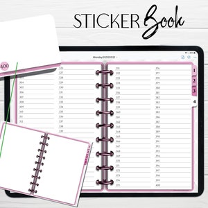 May include: A pink and white sticker book with a spiral binding. The book has a tabbed divider with the numbers 1, 2, 3, and 4. The book is open to a page with the numbers 326 through 400.
