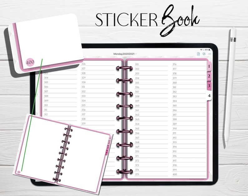 May include: A pink and white sticker book with a spiral binding. The book has a tabbed divider with the numbers 1, 2, 3, and 4. The book is open to a page with the numbers 326 through 400.