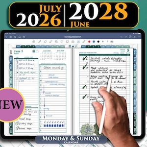 Peut inclure: Un agenda numérique affiché sur l'écran d'une tablette, présentant une mise en page d'emploi du temps quotidien avec des notes manuscrites, des cases à cocher et un système de navigation par onglets mensuels. Un stylet écrit sur l'écran.