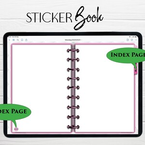 May include: A white sticker book with a pink border and a black spiral binding. The book has two blank pages with the text "INDEX PAGE" in green speech bubbles on each page.