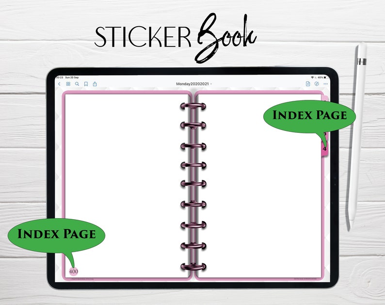 May include: A white sticker book with a pink border and a black spiral binding. The book has two blank pages with the text "INDEX PAGE" in green speech bubbles on each page.