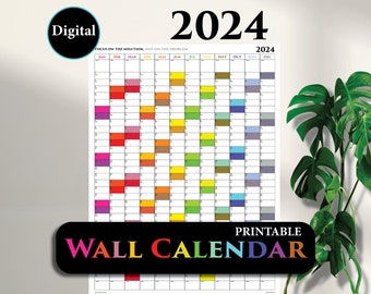 Printable 2024 Calendar, Vertical Year at a Glance Wall Calendar Rainbow yearly design | PDF instant download