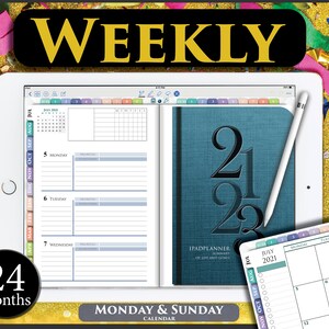 May include: A digital planner app on an iPad screen with a blue cover and the text "IPADPLANNER" and "2021" on the cover. The app has a weekly calendar view with a calendar overview for the year 2021. The app is designed for planning and organizing tasks and appointments.